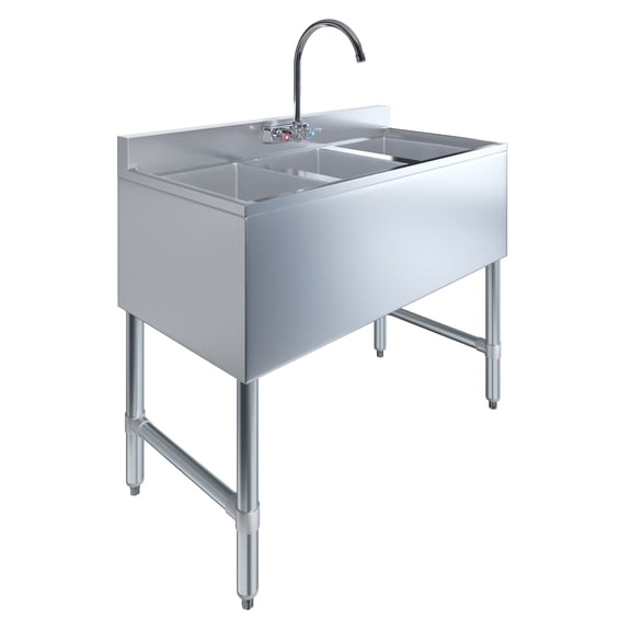 AmGood 38 in. x 19 in. Three Compartment Under Bar Sink With Faucet | Stainless Steel Commercial Three Bowls Underbar Sink NSF.