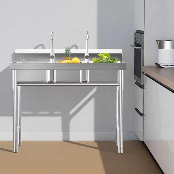 3 Compartment Utility Sink, Free Standing Triple Bowl Kitchen Sink with Cold and Hot Water Faucet, Commercial Stainless Steel Bowl for Kitchens, Garage, Laundry