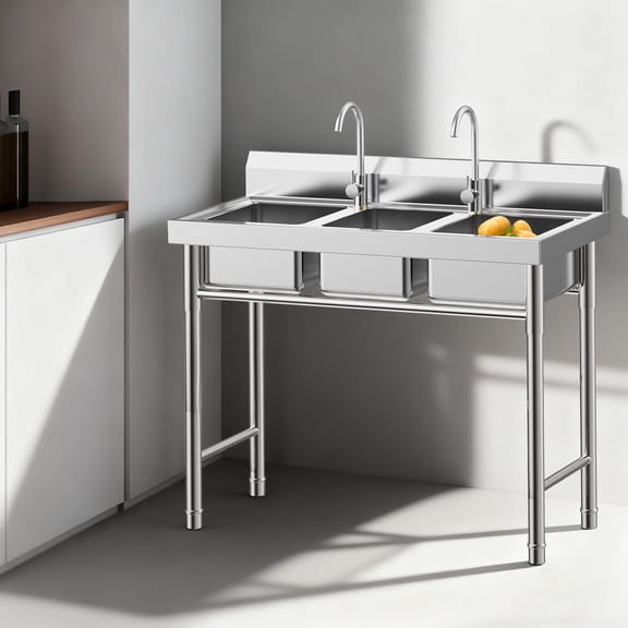 3 Compartment Utility Sink, Free Standing Triple Bowl Kitchen Sink with Cold and Hot Water Faucet, Commercial Stainless Steel Bowl for Kitchens, Garage, Laundry