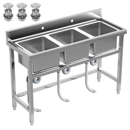 3 Compartment Utility Sink with Strainer, Heavy Duty Commercial Utility Sink, Outdoor Freestanding Kitchen Sink 51'' × 19.7'' × 31.5'' for Food Truck