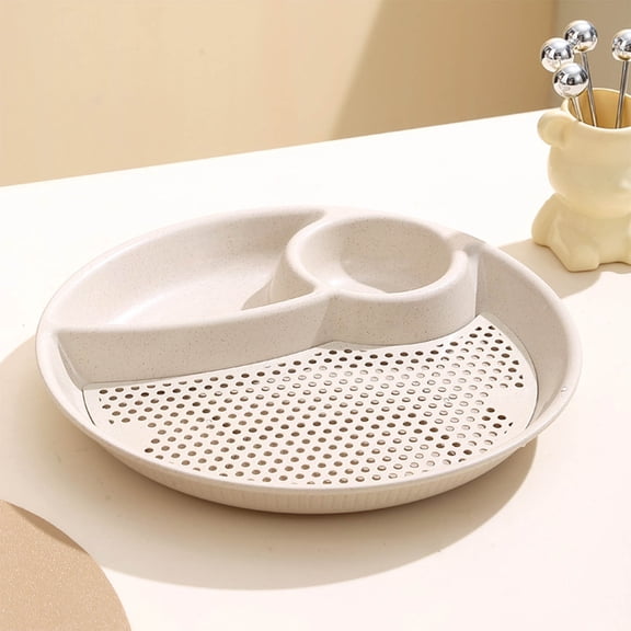 3-Compartment Wheat Straw Plate with Dumpling Drain Layer, Multi-Purpose Meal & Snack Tray