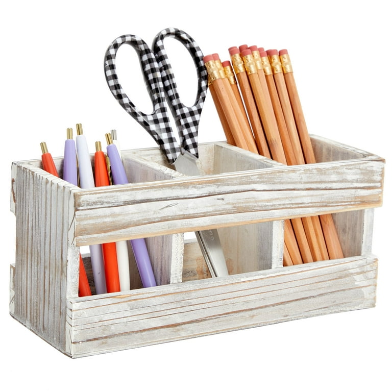 Juvale 3 Compartment Wooden Desk Organizer Caddy for Home and Office Supplies, Accessories, Rustic-Style Pen and Pencil Holder for Farmhouse