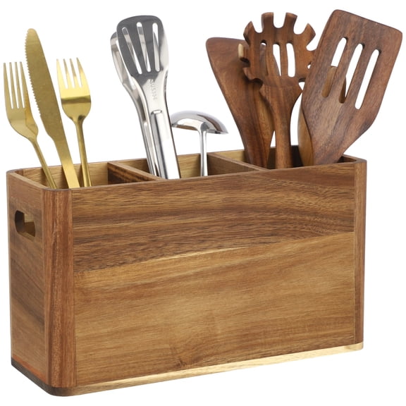 3-Compartment Wooden Kitchen Utensil Holder Organizer, Large Wood Utensil Container with Removable Dividers, 12 x 4.7 x 6.8 in, Wooden Storage for Cooking and Silverware
