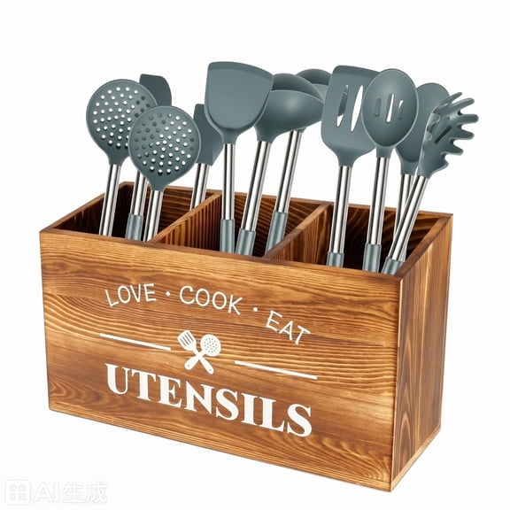 3-Compartment Wooden Kitchen Utensil Holder, Rustic Farmhouse Cooking Tool Caddy for Countertop Storage Organization(Brown)