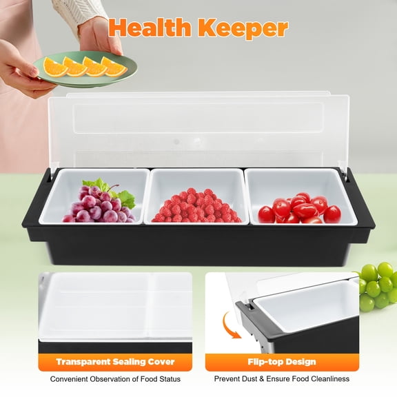 3 Compartments Condiment Dispenser Chilled Server Bar Caddy Food Tray +Lid