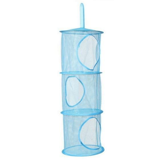 3 Compartments Foldable Stuffed Animal Storage Net Hanging Mesh Toy Organizer for Closet Wardrobe and Home Tidy Solution in Blue