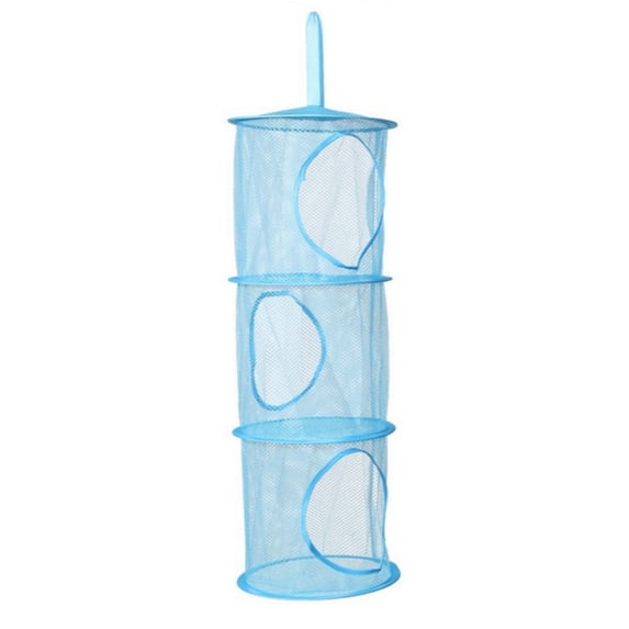 3 Compartments Foldable Stuffed Animal Storage Net Hanging Mesh Toy Organizer for Closet Wardrobe and Home Tidy Solution in Blue