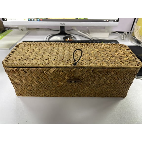 3 Compartments Natural Woven Storage Basket with Flat Lid,Rectangular Seagrass Organizer Box,for Desk & Vanity