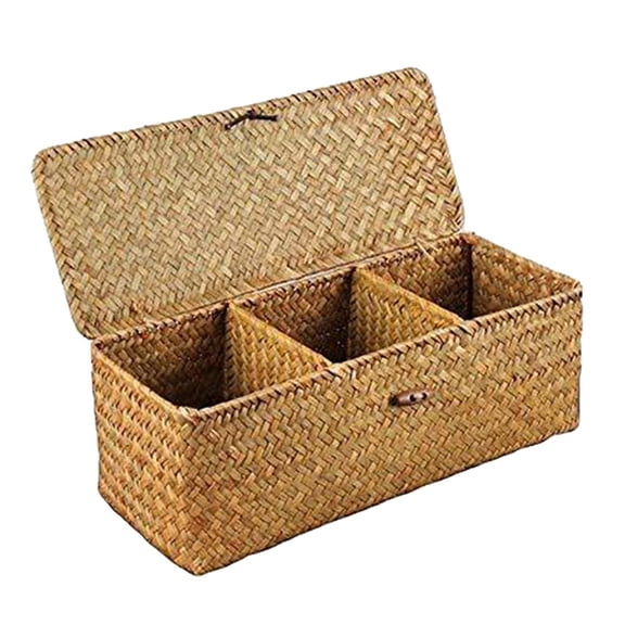 3 Compartments Storage Basket with Lid Hand-Woven for office and home Organizer