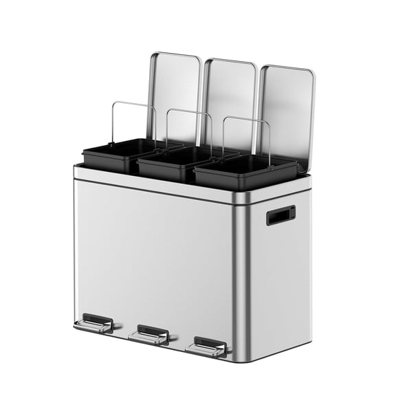 3 Compartments Trash Can, 3 x 4 Gal (3 x 15L) Stainless Steel Trash Can with Recycling Bin, Soft-Close Lid, Step-on Garbage Bin - with Removable Plastic Inner Buckets