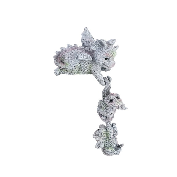 3 Connected Hanging Baby Dragon Figurine Ornament, Rustic Stone Dragon Sculpture for Bookshelf Cabinet Rim, Unique Home Decor Gift for Dragon Lovers