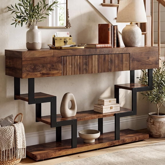 .3" Console Table with Fluted Drawers, 3-Tier Modern Entryway Table with Geometric Black Metal Frame, Luxury Sofa Table for Living Room, Hallway, Foyer(Walnut Oak