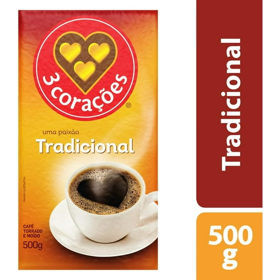 3 Coracoes Traditional Brazilian Ground Coffee 17.6 ounces by Brazilian Corner | Vacuum Sealed Pack of 1 | Fine Ground Coffee Medium Roast | Café 3 Corações Torrado e Moído 500g