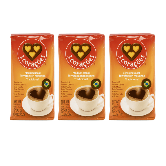 3 Coracoes Brazilian Traditional Coffee 8.8 oz (250g) | Pack of 3 - Cafe Tradicional Brasileiro 3 Coracoes | Brazil in Texas