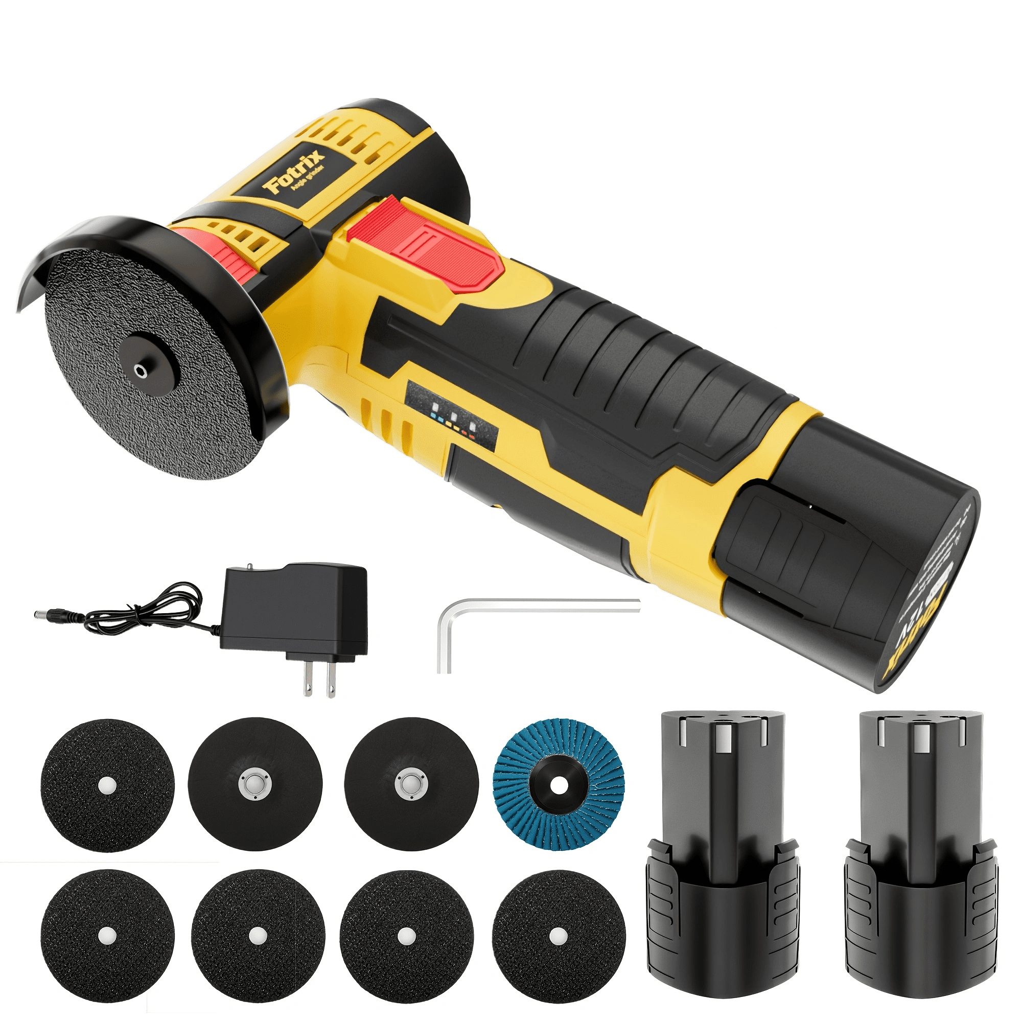 Fotrix 12V Cordless Mini Angle Grinder Kit, 3-Inch Portable Cutting and Grinding Tool, 19500 RPM, 350W, with 2 Batteries, Charger, Multi-Disc Set and Storage Case