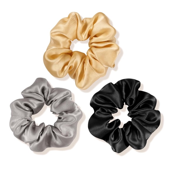 3 Count, 100% Mulberry Silk Scrunchies for Women, Silk Hair Ties for Curly Hair, Pink, Black, Navy, 19MM, 6A Grade, Hair Accessories