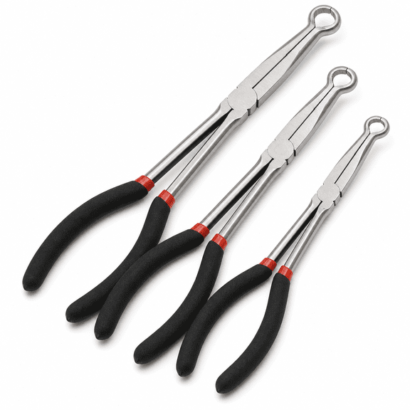 3-Count 11-Inch Hose Gripper Plier Set, Black & Red, 5/16", 1/2", 3/4" Diameters, Offset Spark Plug Boot Removal Serrated Pliers for Narrow Spaces