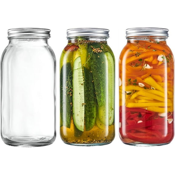 [3 Count 64 oz. Wide-Mouth Glass Mason Jars with Metal Airtight Lids and Bands 2 Quart Large For Preserving, & Meal Prep