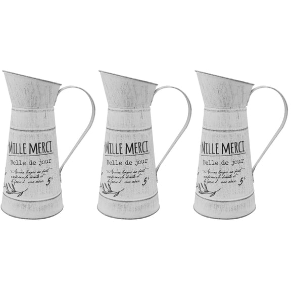 3 Count Iron Vase Stylish Galvanized Flat Tin Grave Pots Beige