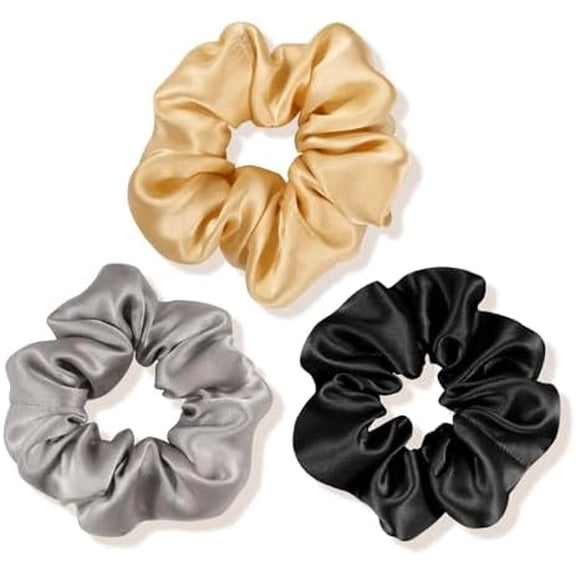 3 Count, Mulberry Silk Scrunchies for Women, Silk Hair Ties for Curly Hair, , Black, Navy, 19MM, 6A Grade, Hair Accessories