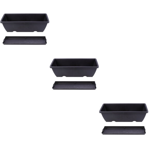 Set of 3 Black Rectangular Planting Trough Pots for Indoor Bonsai with Drainage Tray Containers