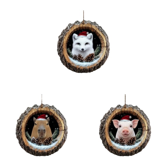 3‑Count Tree‑Hole Santa Hat Animal 2D Acrylic Ornament Bundle, Multi‑Pattern Bulk Holiday Decor Kit