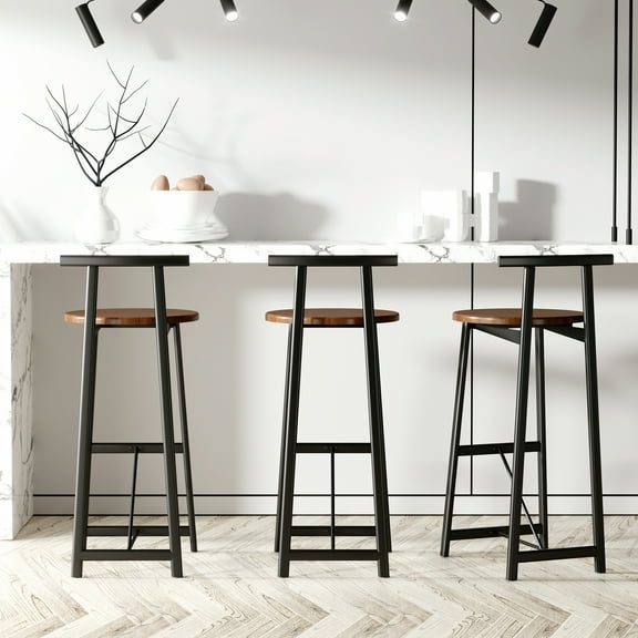 3 Counter Height Barstools with Back, Armless for Kitchen Island, Black & Walnut