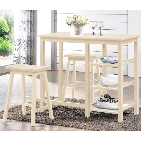 3 Counter Height Dining Arrangement. Table With 3 Open Shelves. Saddle Seat Stools For Ease. Wooden Legs. For Compact Spaces In Colorway. Storage Relaxing. Wood Structure. Suits