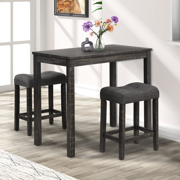 3 Counter Height Dining In Gray - Wood. Table With Thick Foam Padding. Stools Button Saddle Design. And Solid Rubberwood Made. 41.5"w X 22"d 36"h Table, 18.5"w 11.8"d 24"h Stools. Assembly Required