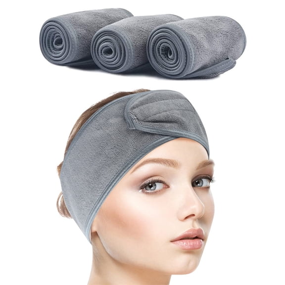 3 Counts Adjustable Makeup Hair Band,Ultra Soft Spa Facial Headband,Towel Cloth Stretch Head Wrap,Women Face Washing Headband with Fixing Tape,for Bath Spa Yoga (Gray)