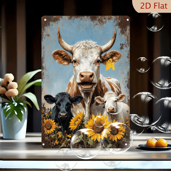 3 Cows in Sunflowers Vintage Metal Wall Art, 8x12 Inch Folk Style Farm Animal Poster with Bull and Calves on Aged Blue Sky Background