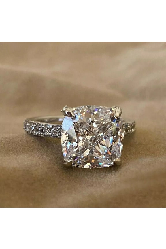 3 Ct Cushion Cut Diamond Engagement Solitaire With Accents Ring 14K White Gold Plated Silver