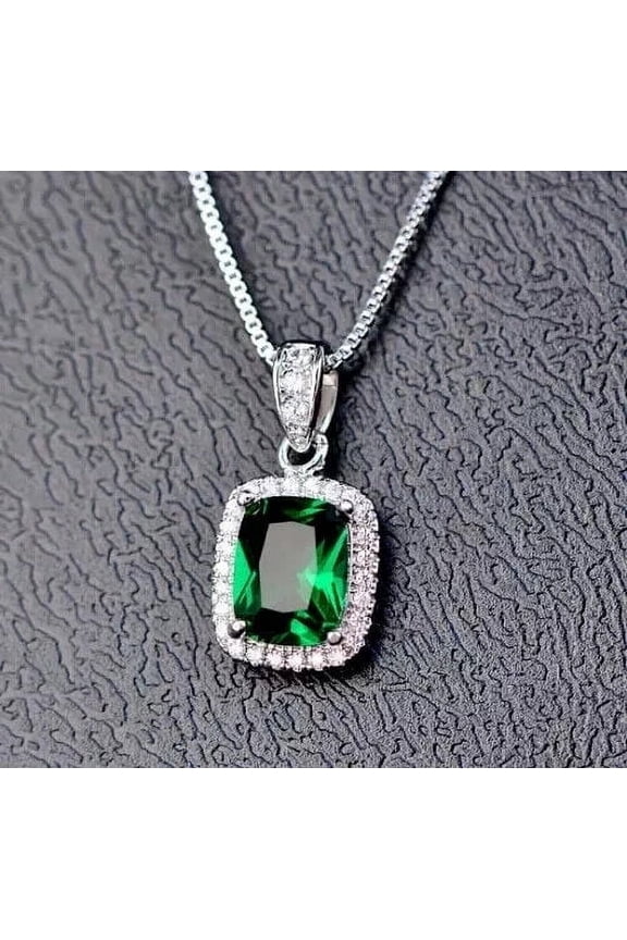 3 Ct Cushion Cut Lab-Created Green Emerald Women's Valentine Day Gift For Her Pendant 14K White Gold Plated Free Chain 18"