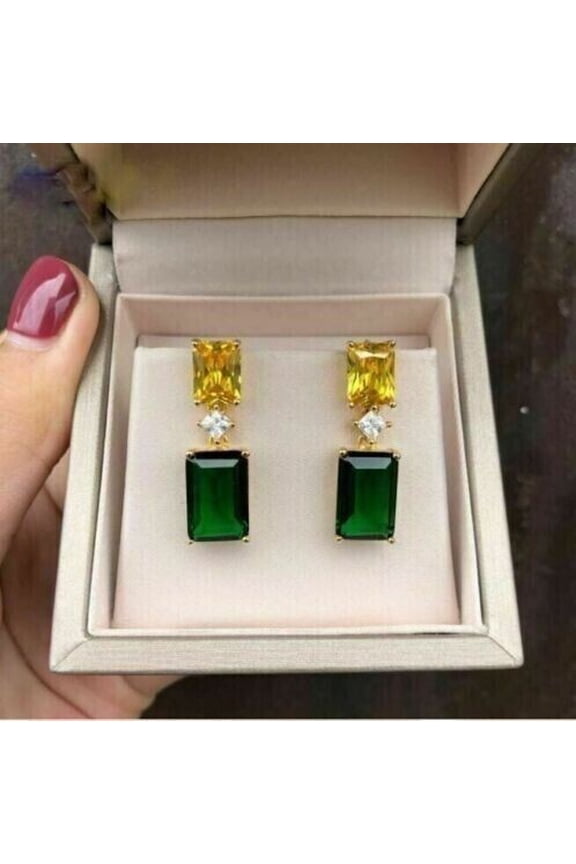 3 Ct Emerald Cut Simulated Emerald Drop Dangle Earrings 14K Yellow Gold Plated