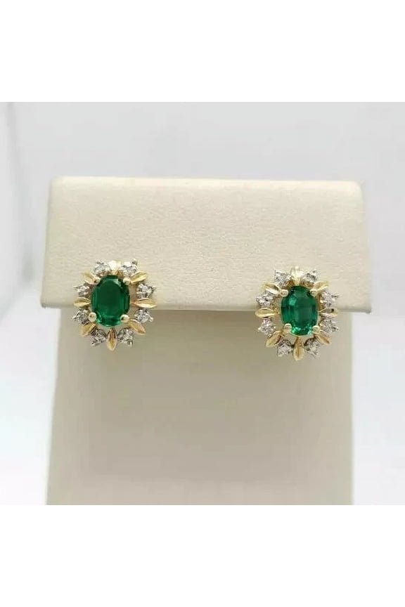 3 Ct Oval Cut Green Emerald Lab Created Stud Earrings In 14K Yellow Gold Plated