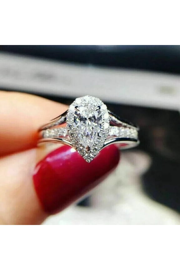 3 Ct Pear Cut Lab Created Diamond Halo Engagement Ring 14k White Gold Plated