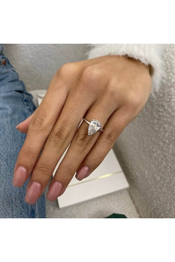 3 Ct Pear Shape Lab-Created Moissanite Solitaire Engagement Ring 14K White Gold Plated