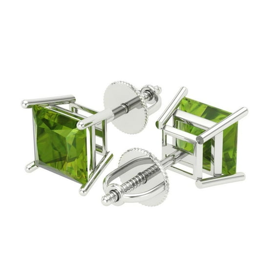 3 Ct Princess Cut Studs Green Natural Peridot 18K White Solid Solid Gold Everyday Dainty Earrings Screw Back