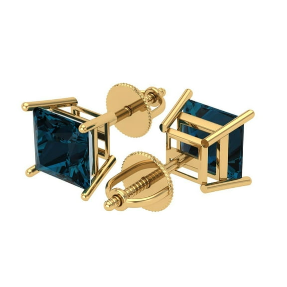 3 Ct Princess Cut Studs Natural London Blue Topaz 14K Yellow Solid Solid Gold Everyday Dainty Earrings Screw Back