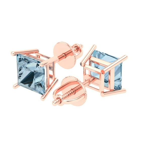 3 Ct Princess Cut Studs Natural Sky Blue Topaz 14K Rose Solid Solid Gold Everyday Dainty Earrings Screw Back