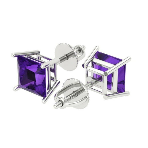 3 Ct Princess Cut Studs Purple Natural Amethyst 14K White Solid Solid Gold Everyday Dainty Earrings Screw Back