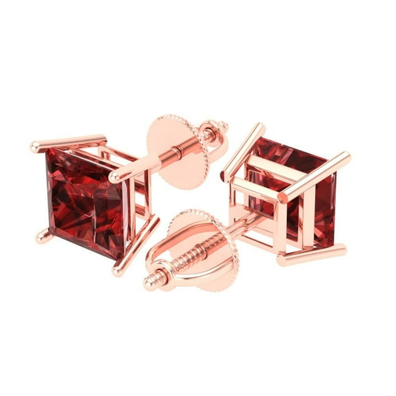 3 Ct Princess Cut Studs Red Natural Garnet 18K Rose Solid Solid Gold Everyday Dainty Earrings Screw Back