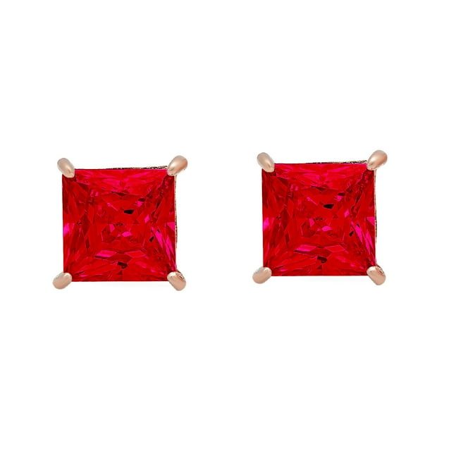 3 Ct Princess Cut Studs Red Simulated Ruby 14K Rose Gold Earrings Screw ...