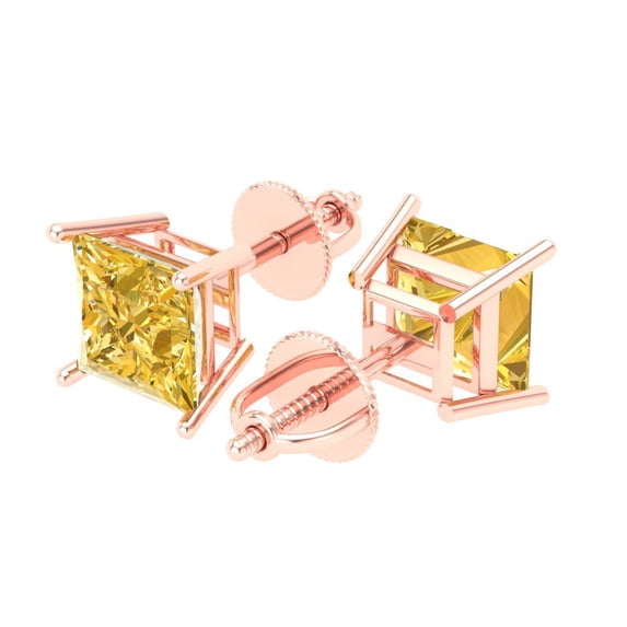 3 Ct Princess Cut Studs Yellow Crystal 14K Rose Solid Gold Everyday Dainty Earrings Screw Back