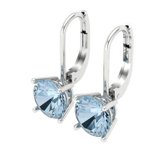 3 Ct Round Cut Drop Dangle Blue Crystal 18K White Solid Gold Everyday Dainty Earrings Lever Back