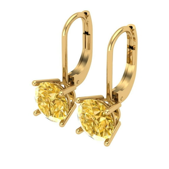 3 Ct Round Cut Drop Dangle Yellow Crystal 18K Yellow Solid Gold Everyday Dainty Earrings Lever Back
