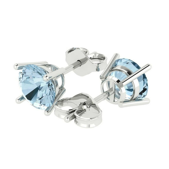 3 Ct Round Cut Studs Blue Natural Aquamarine 14K White Solid Solid Gold Everyday Dainty Earrings Push Back