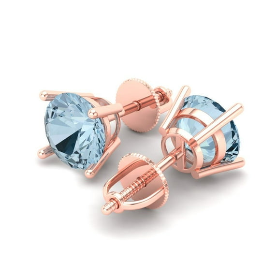 3 Ct Round Cut Studs Blue Natural Aquamarine 18K Rose Solid Solid Gold Everyday Dainty Earrings Screw Back