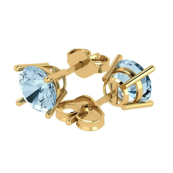 3 Ct Round Cut Studs Blue Natural Aquamarine 18K Yellow Solid Solid Gold Everyday Dainty Earrings Push Back