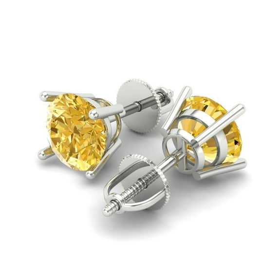 3 Ct Round Cut Studs Yellow Natural Citrine 18K White Solid Solid Gold Everyday Dainty Earrings Screw Back